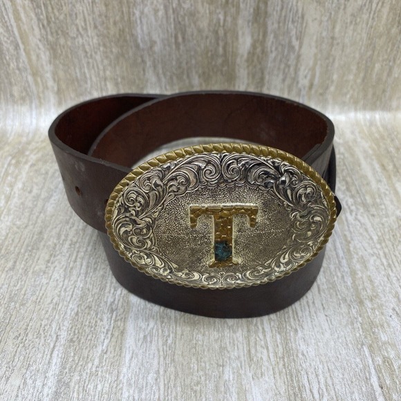 Justin SZ 32 Black Leather Belt with Crumrine TEXAS Buckle Gold Silver Two Tone - Picture 3 of 9